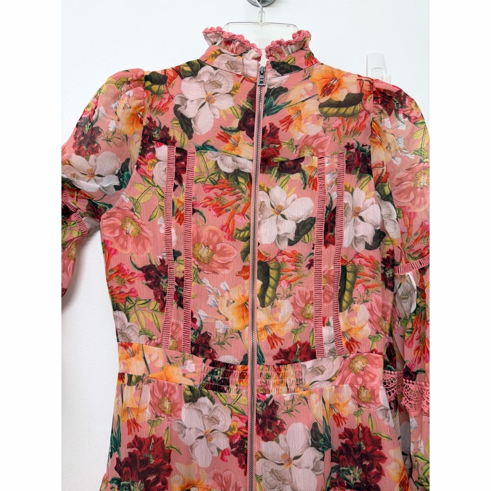 Alice + Olivia Brooke High Neck Maxi Dress Juniper Floral Rose Pink Lace Trim 0 - Picture 11 of 16
